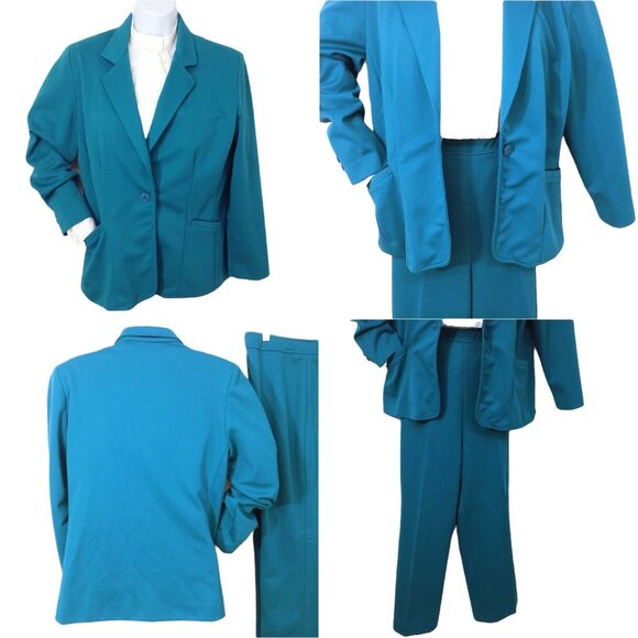 Vintage 2pc Set Graff Polyester Leisure Suit Blazer Comfort Pant -L Pockets Teal - Picture 9 of 10